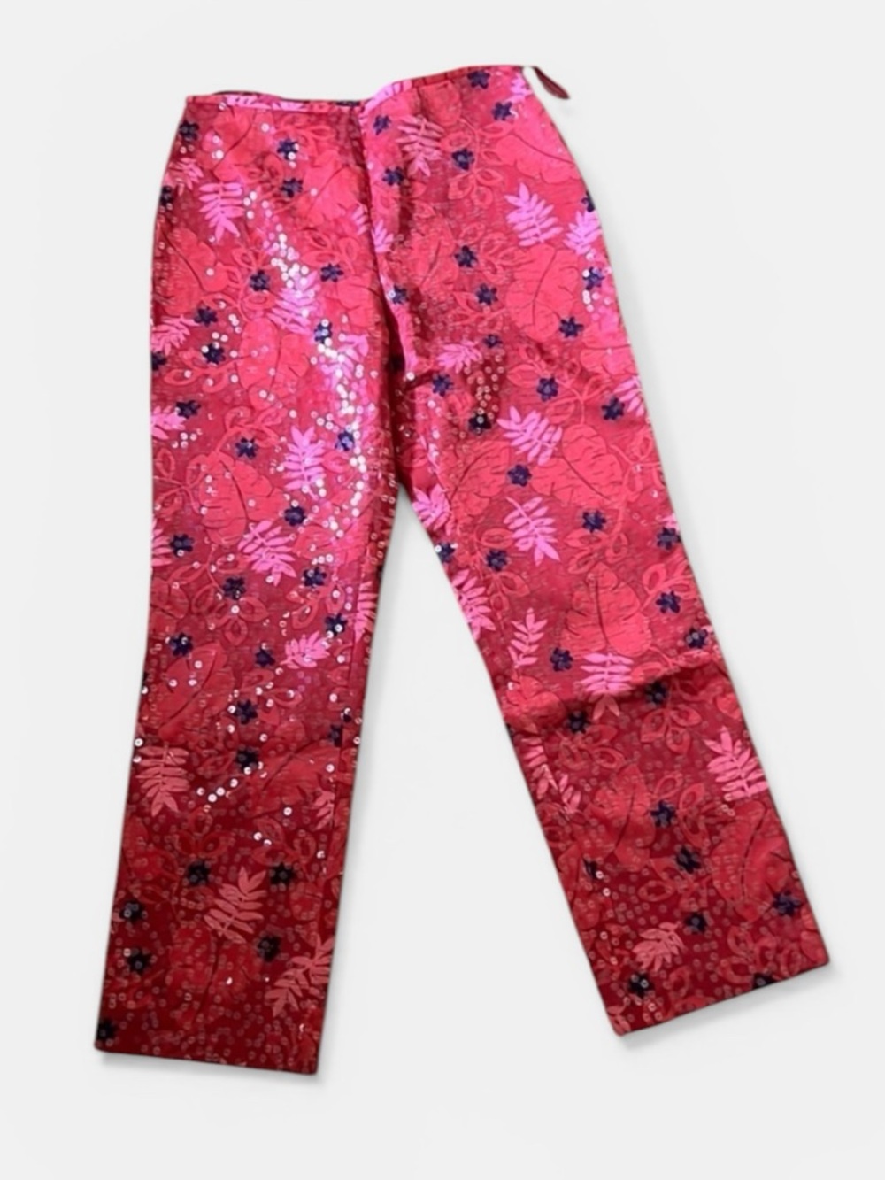 DStudio sequins red foliage print‎ flat front side closing straight pants Sz 8